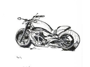 רישום של אופנוע הארלי דוידסון מהצד. הדפס על נייר אמנות