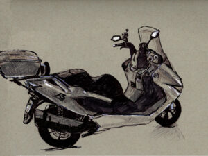 הדפס של רישום של קטנוע תל אביבי על נייר אמנות.