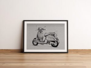 הדפס של רישום של אופנוע וספה על נייר אמנות